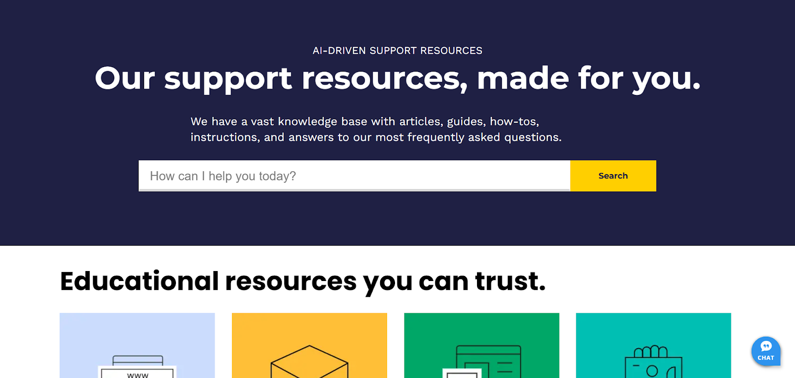 screenshot of the resources page