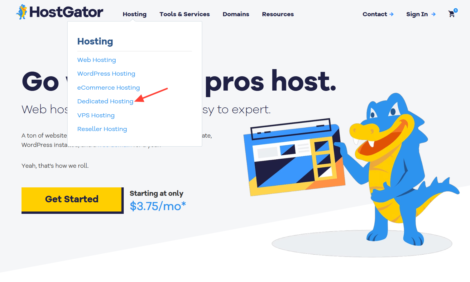 screenshot of Dedicated Hosting Button