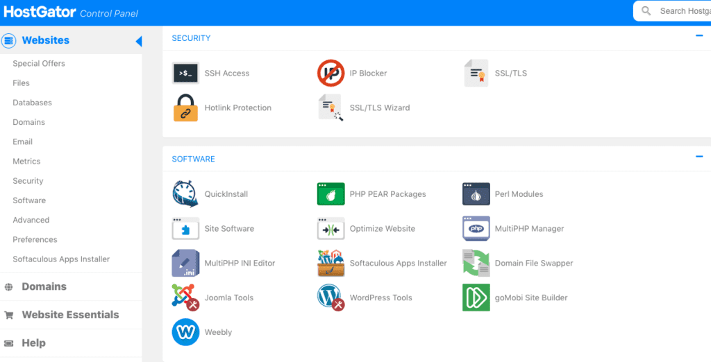 screenshot of control panel