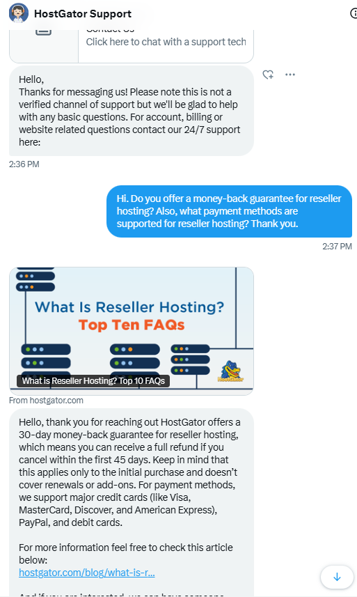 screenshot of the Twitter support