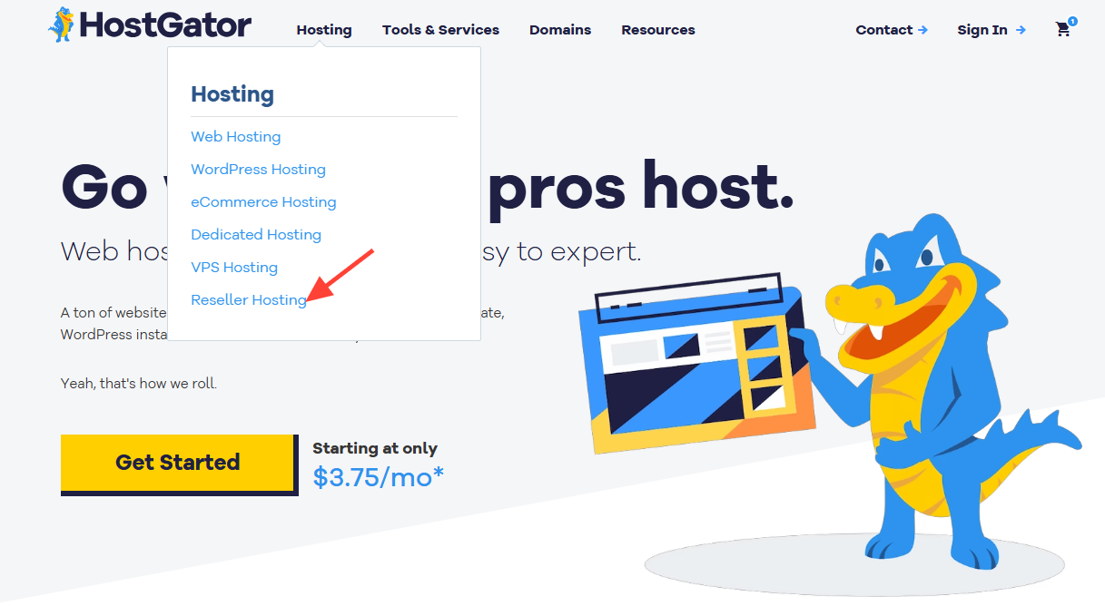 screenshot of the Reseller Hosting button