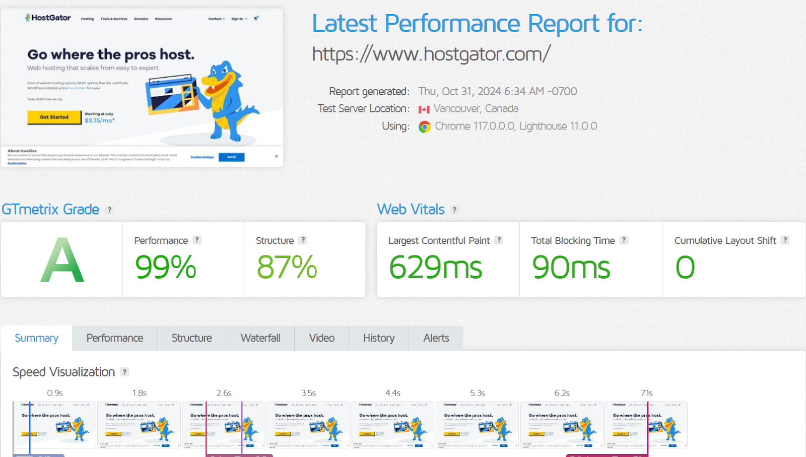 screenshot of GTMetrix Performance results