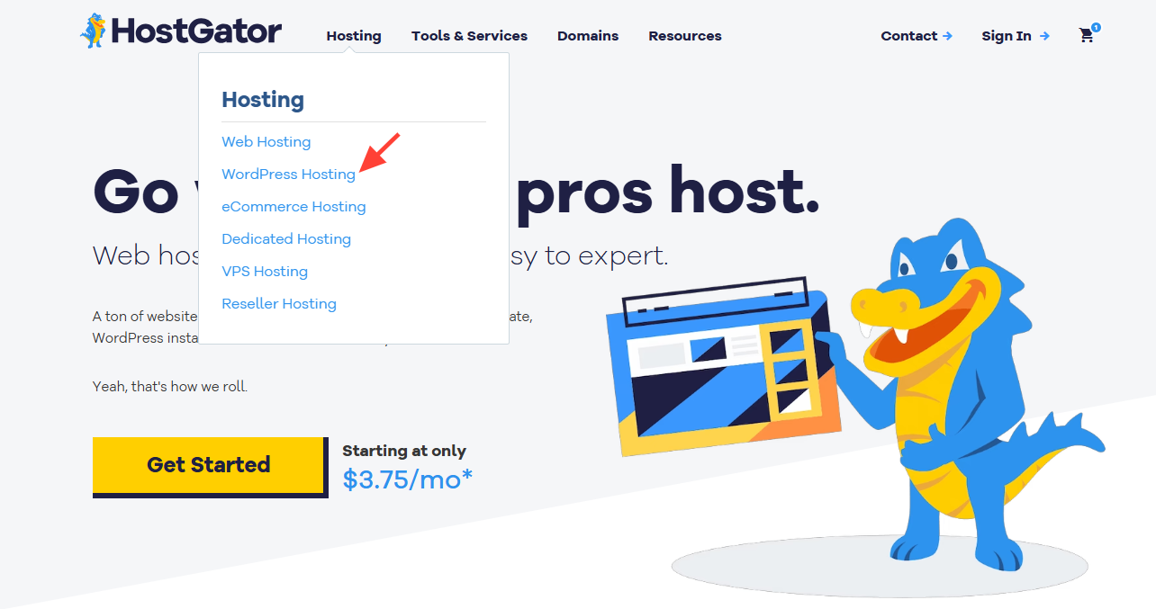 screenshot of the WordPress Hosting button