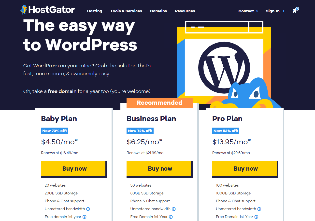 screenshot of the WordPress Hosting plans