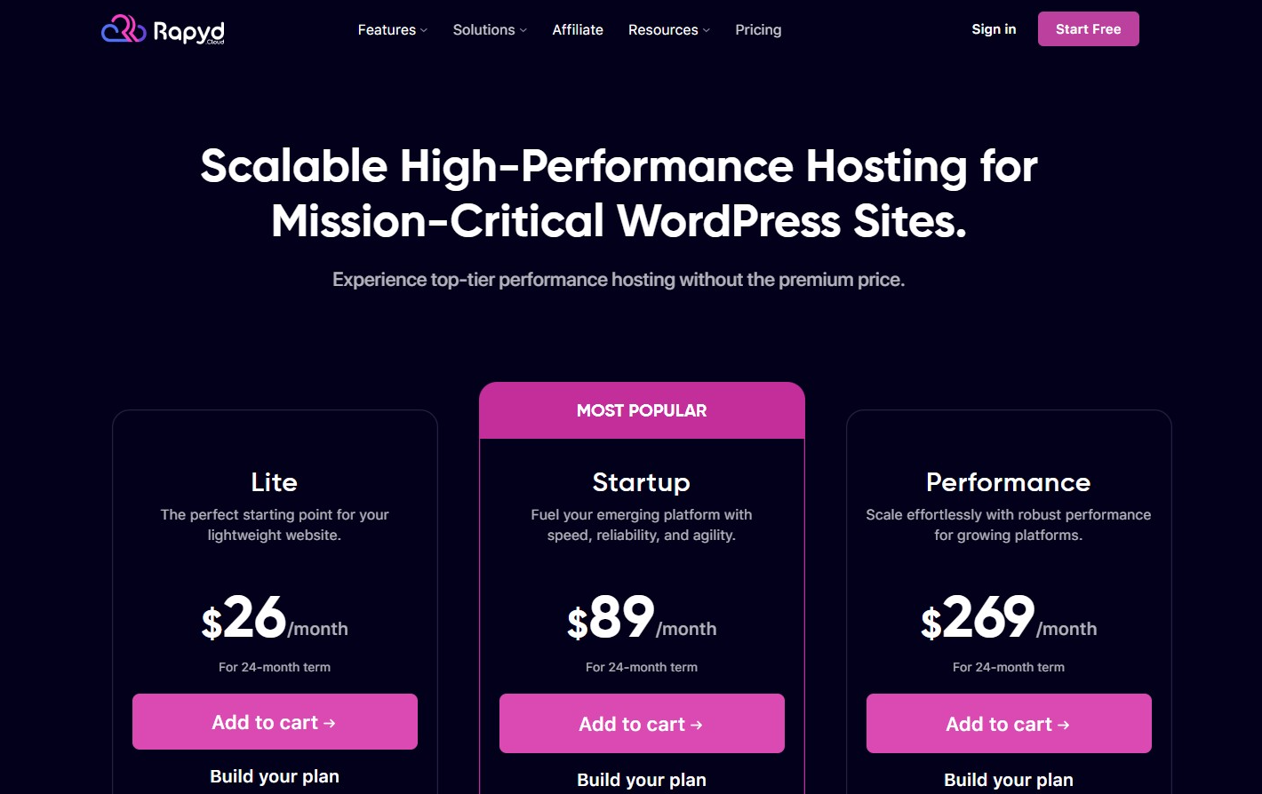 screenshot of hosting plans