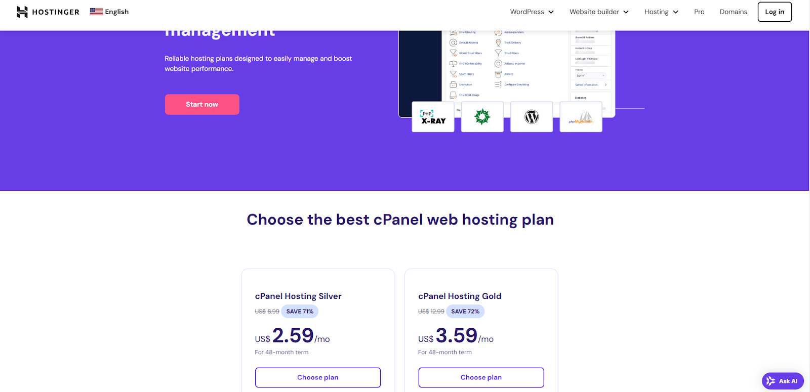 screenshot of the cPanel hosting plans