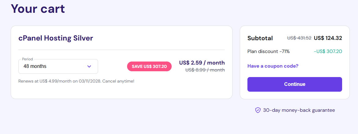 screenshot of the cart