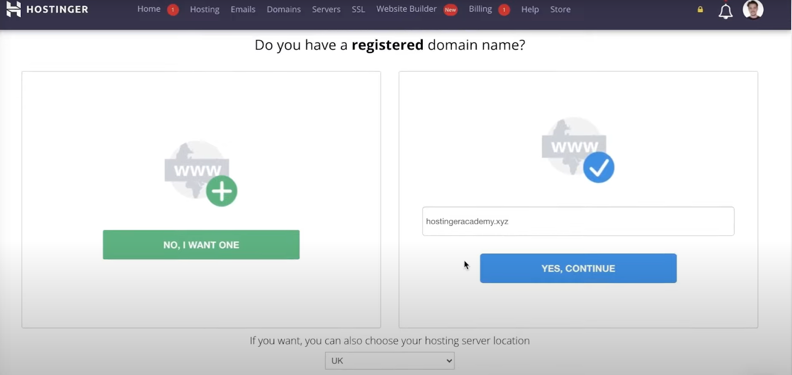 screenshot of the domain registration process