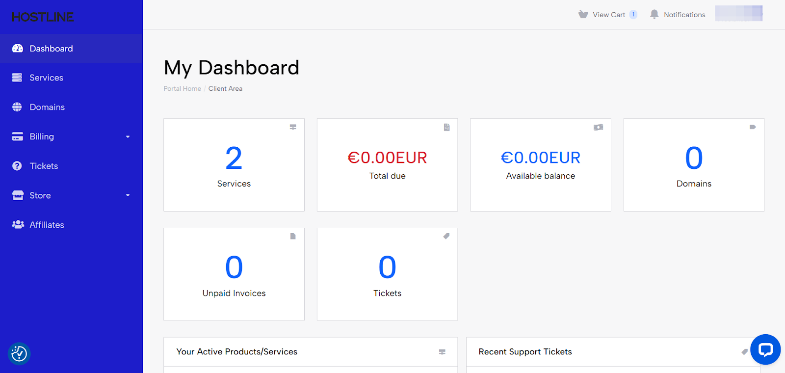 screenshot of the dashboard