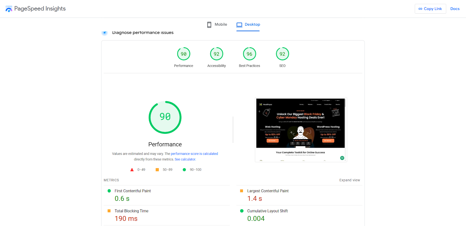 screenshot of PageSpeed test results