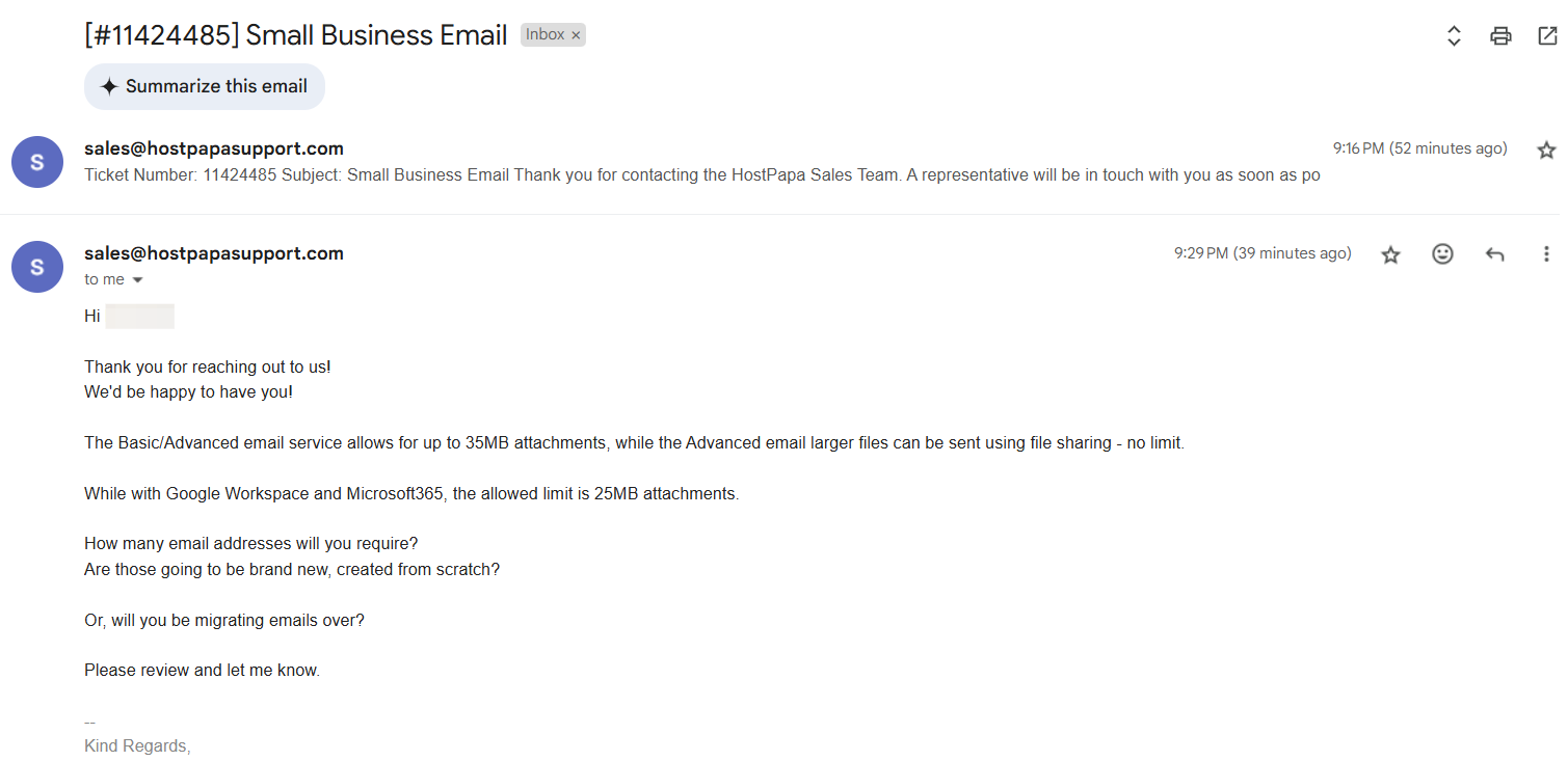 screenshot of the Email conversation