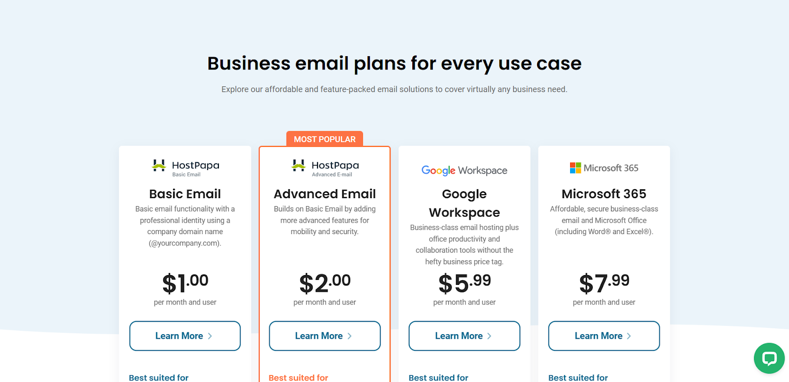 screenshot of the hosting plans