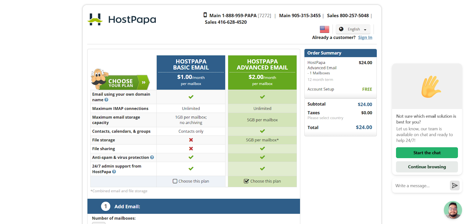 screenshot of the email plans