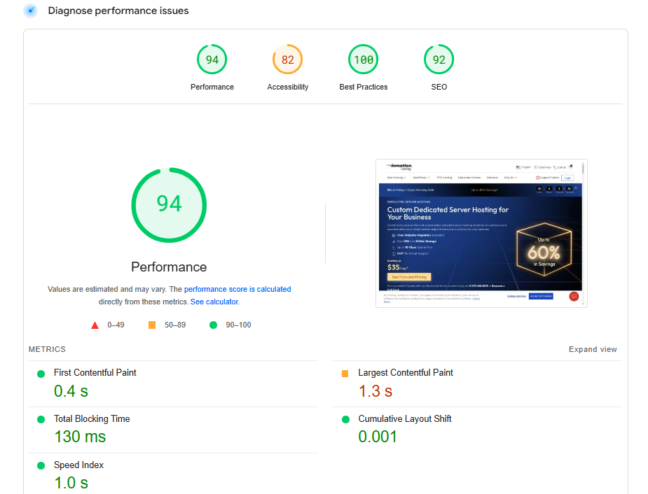 screenshot of the PageSpeed Insights test resullts