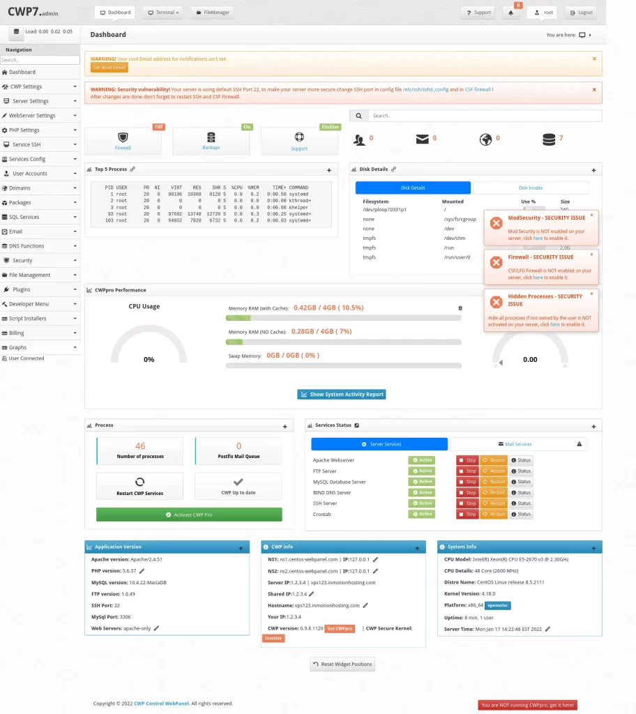 screenshot of the control panel