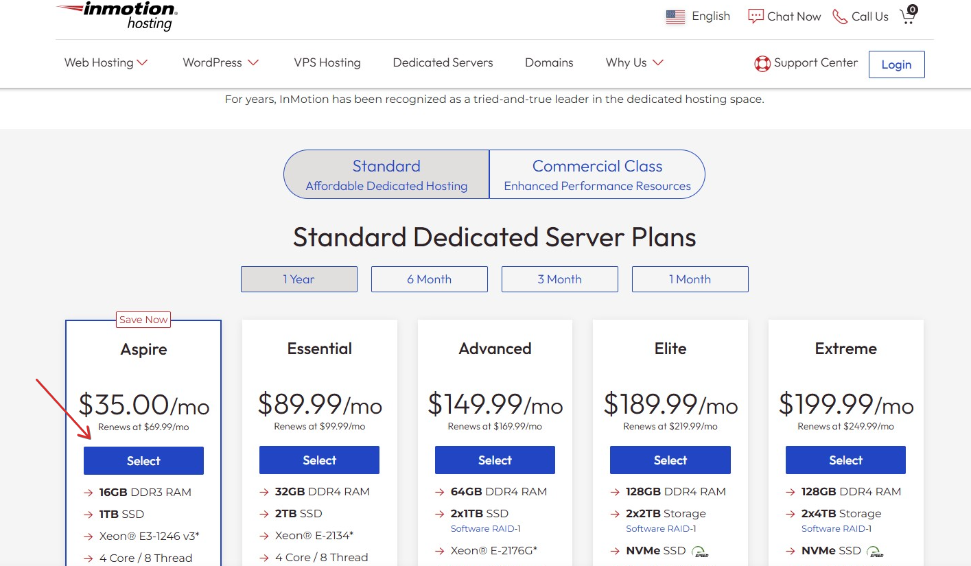 screenshot of the hosting plans