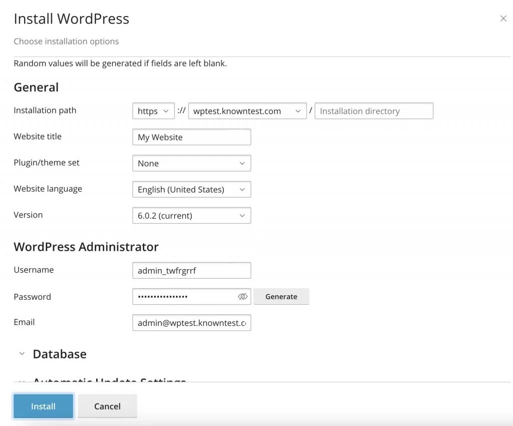 screenshot del menu di installazione di WordPress