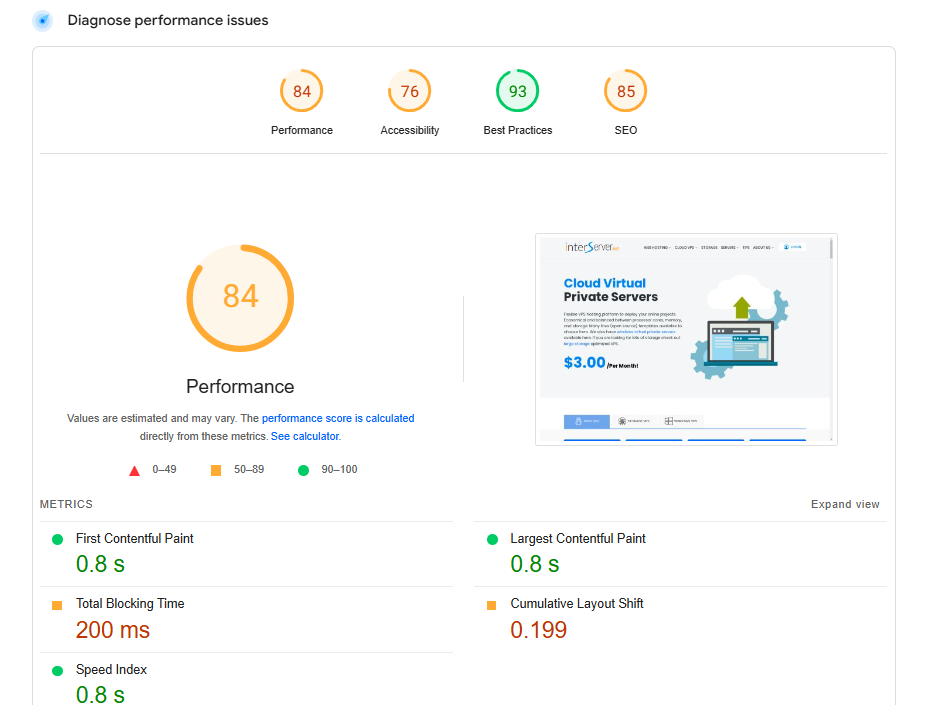 screenshot of PageSpeed test result