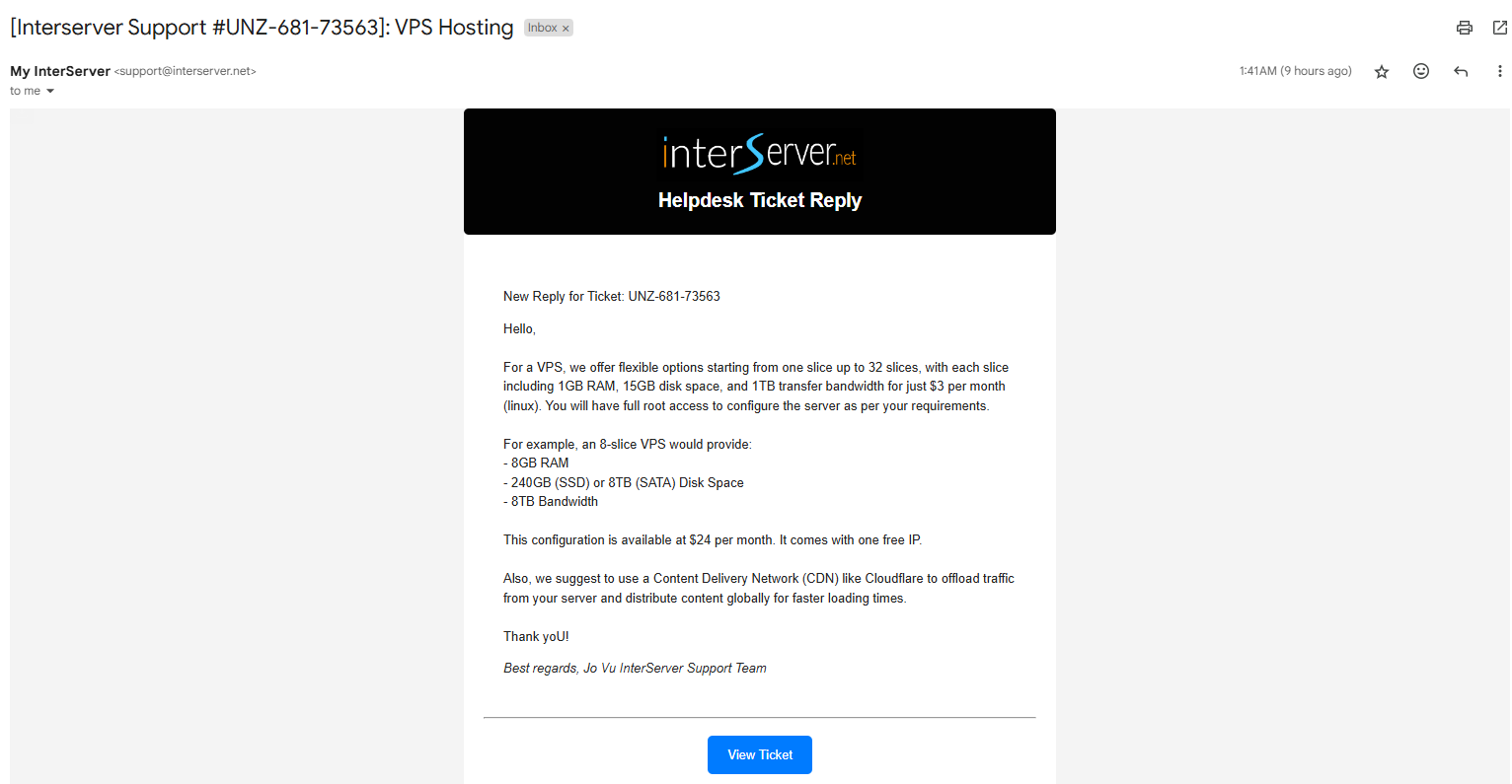 screenshot of the Ticket answer