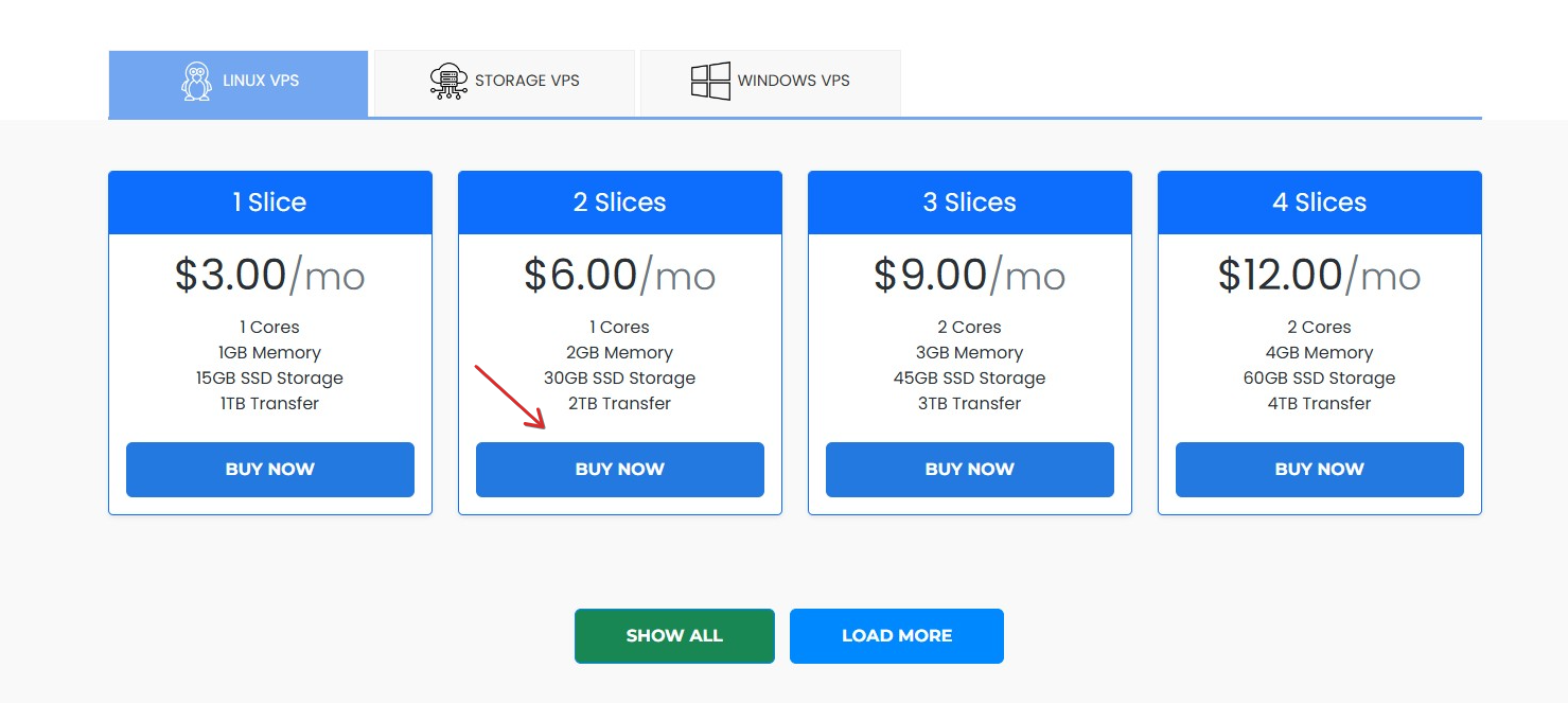 screenshot of the hosting plans