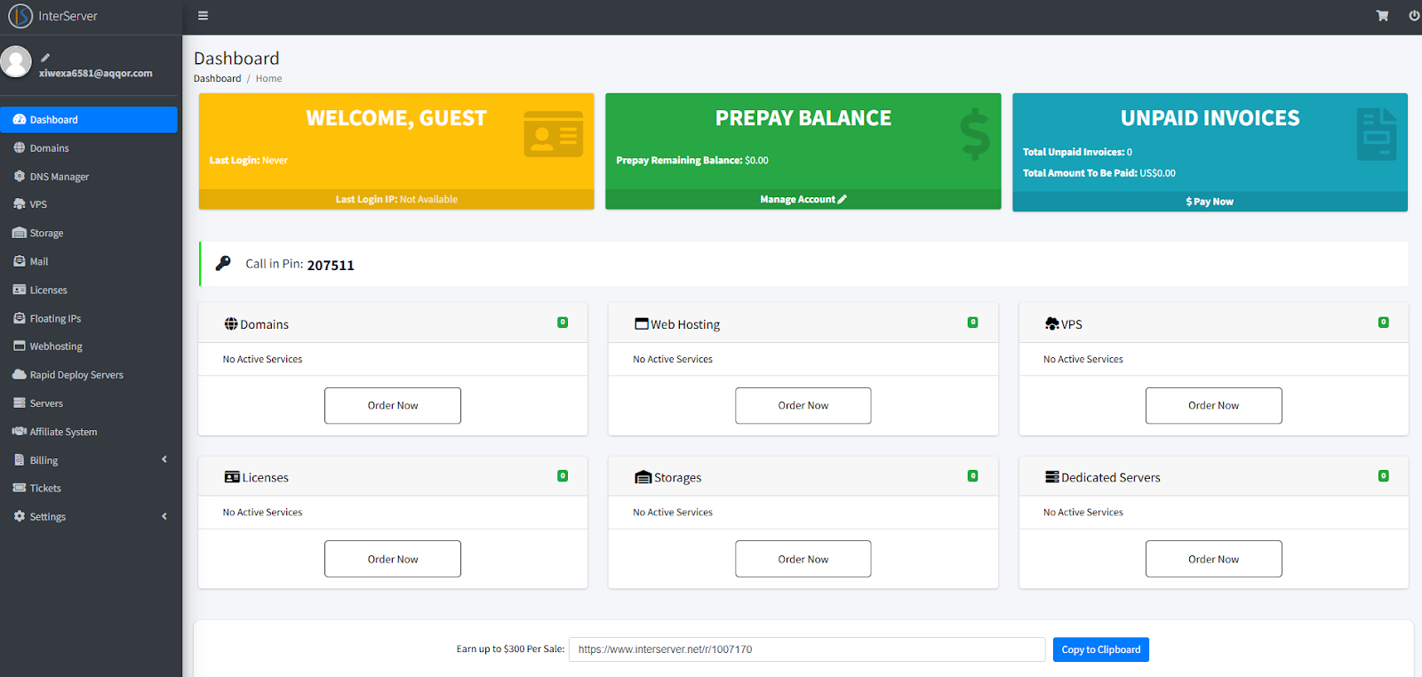 screenshot of the dashboard