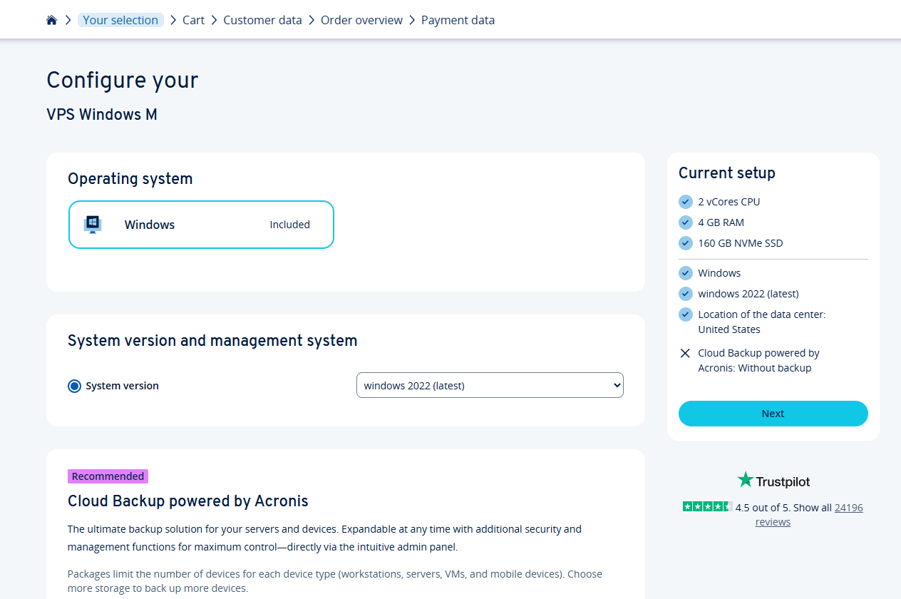 screenshot of Cloud Backup configurations