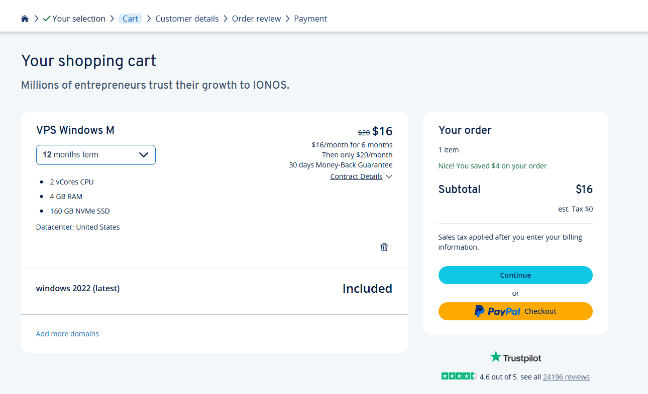 screenshot of the shopping cart