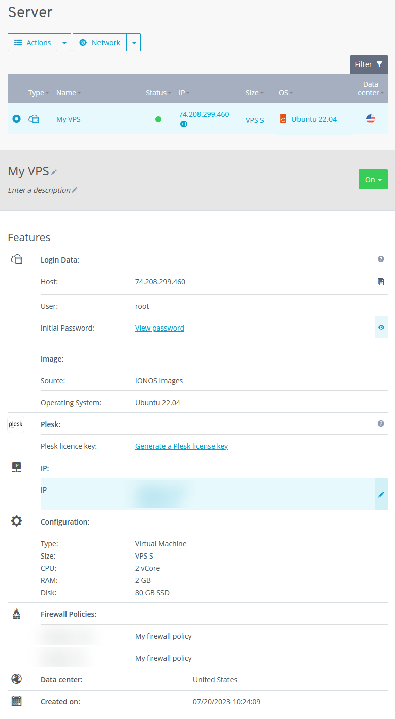 screenshot of the Server Features