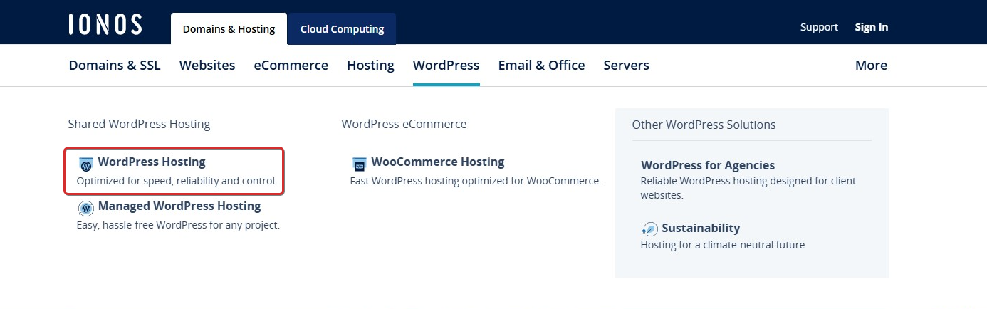 screenshot of the WordPress Hosting button