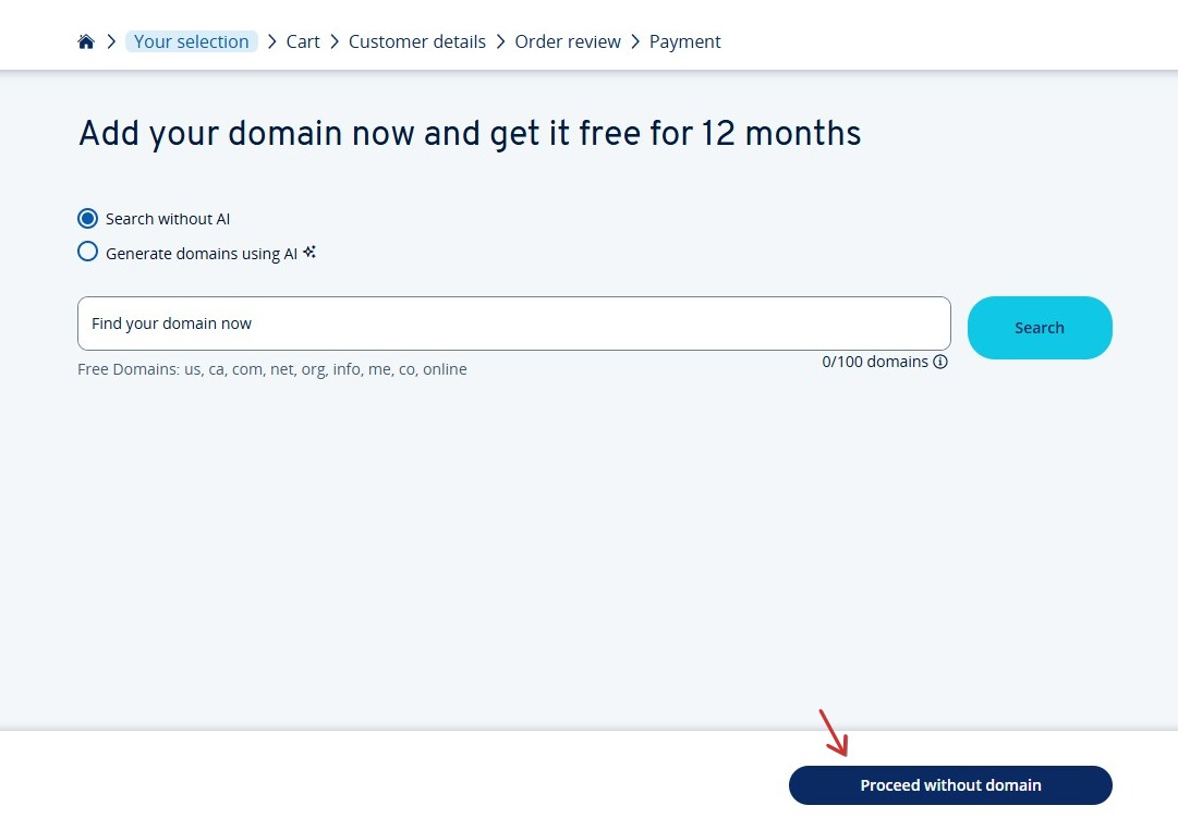 screenshot of Procced without domain button