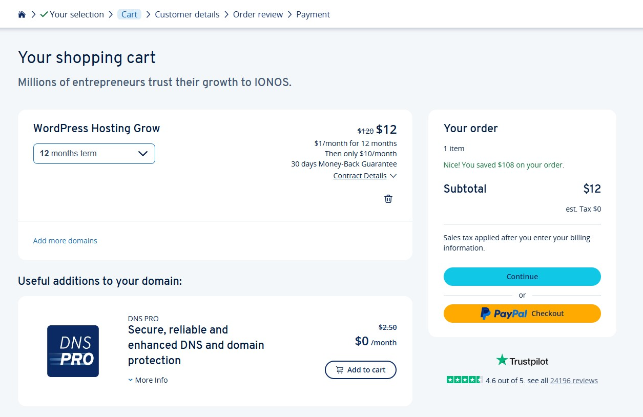 screenshot of the shopping cart