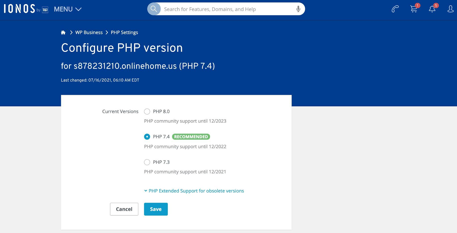 screenshot of PHP Settings