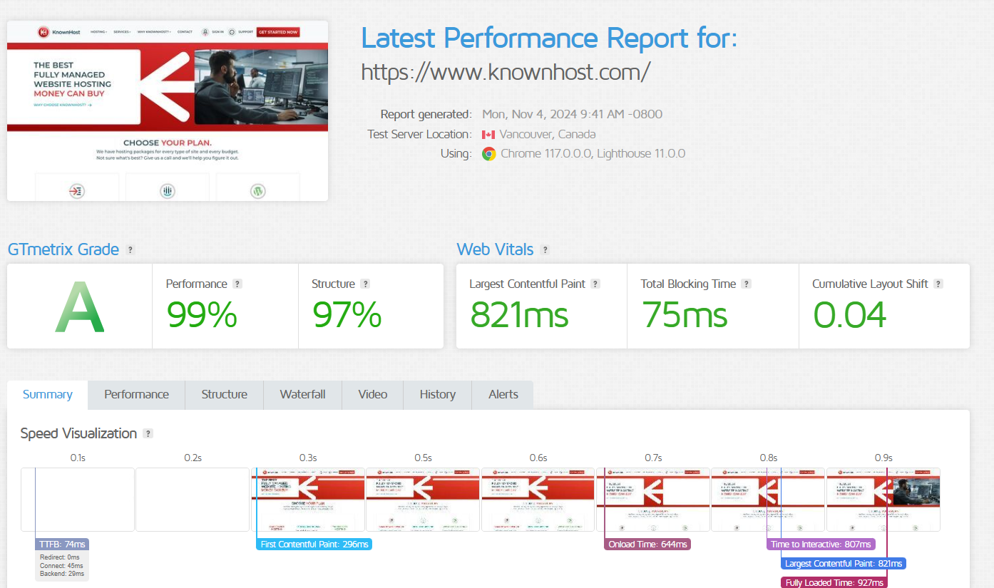 screenshot dei risultati del test GTMetrix