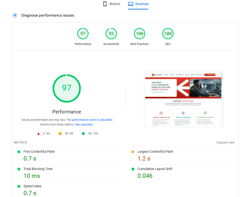 screenshot dei risultati del test PageSpeed