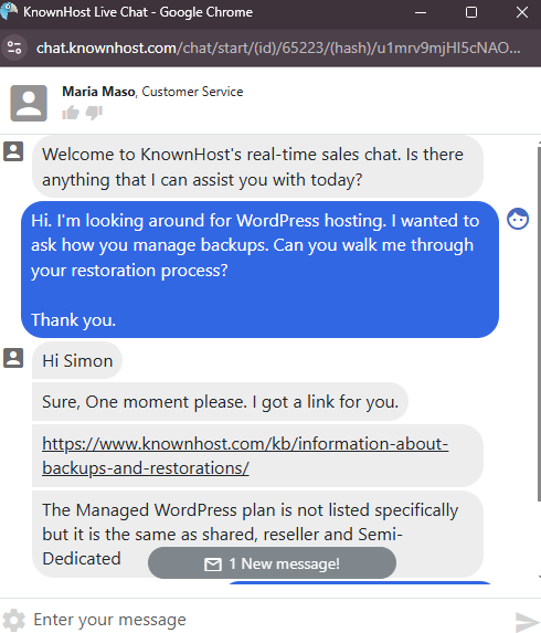 screenshot della conversazione in live chat