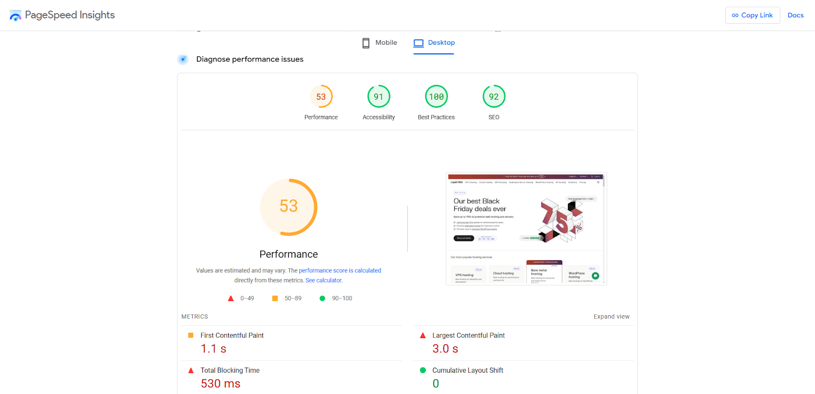 screenshot of PageSpeed test results
