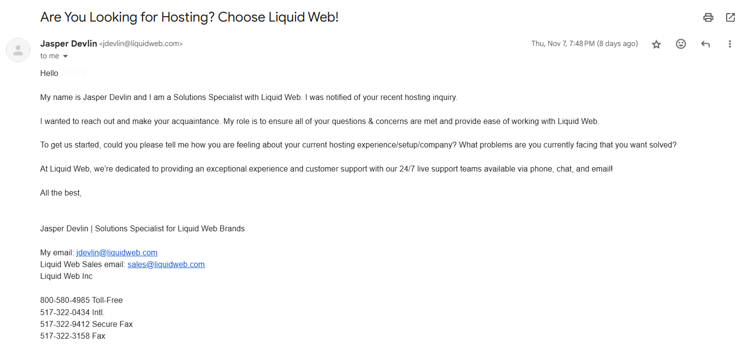 screenshot of the email support