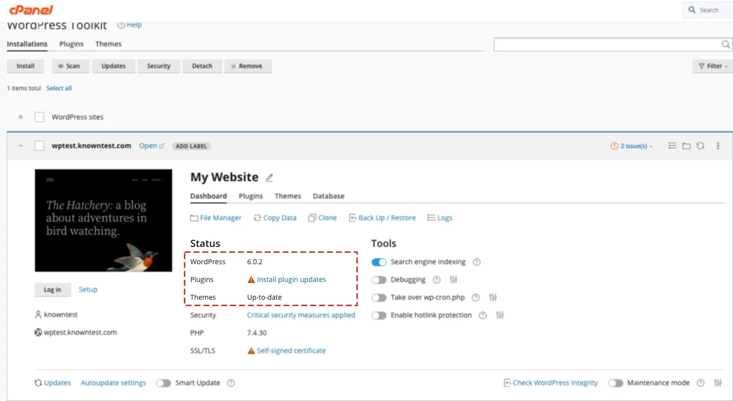screenshot del WordPress Toolkit