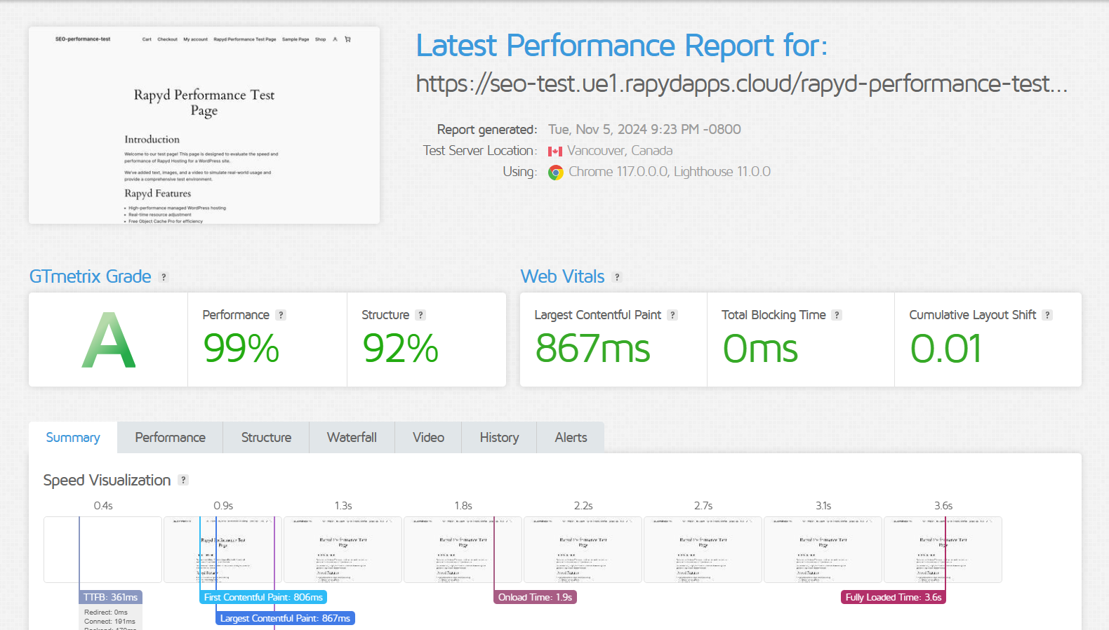 screenshot of performance test result