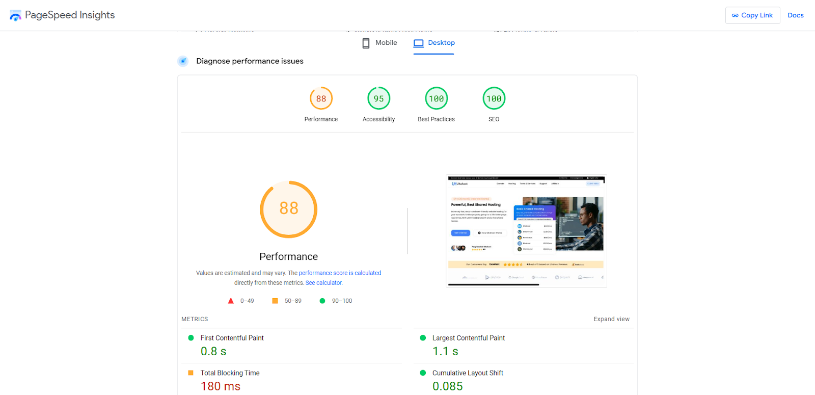 screenshot of PageSpeed test results