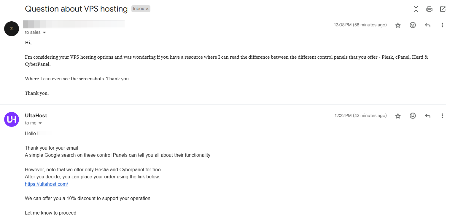 screenshot of the Email support