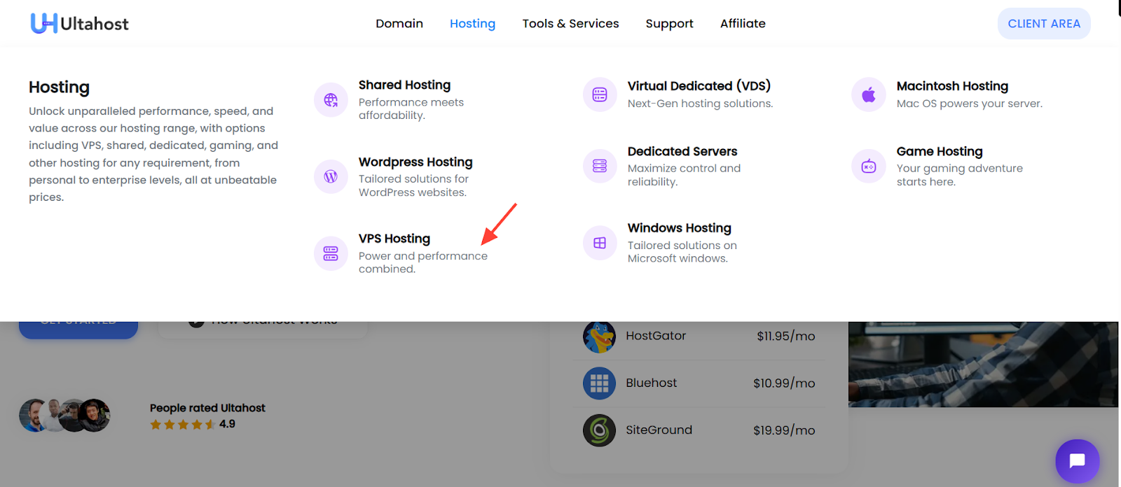 screenshot of the VPS Hosting button