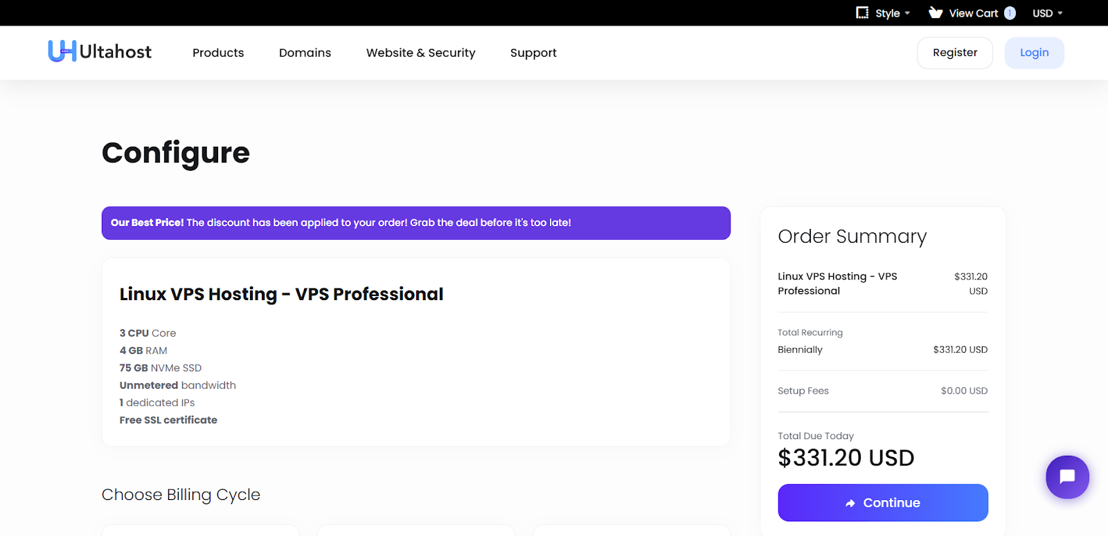 screenshot of the VPS Hosting plan configurations