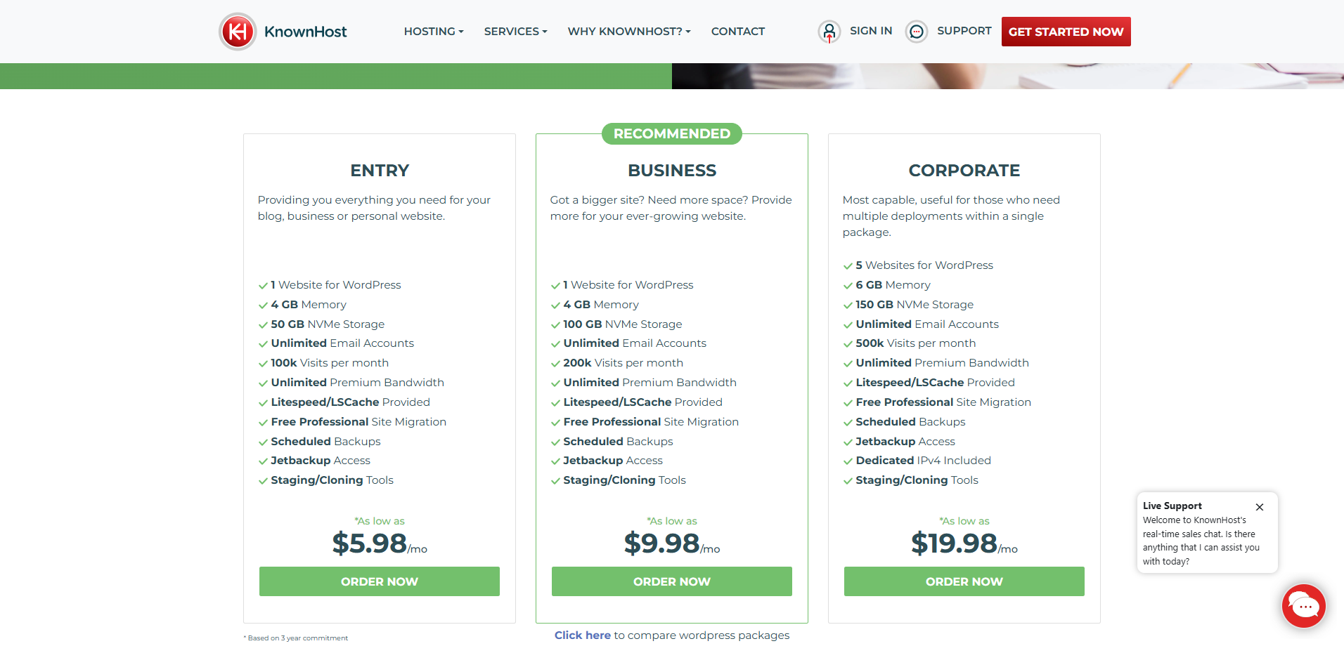 screenshot dei piani di hosting