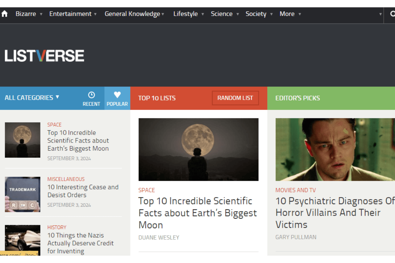 Listverse website screenshot