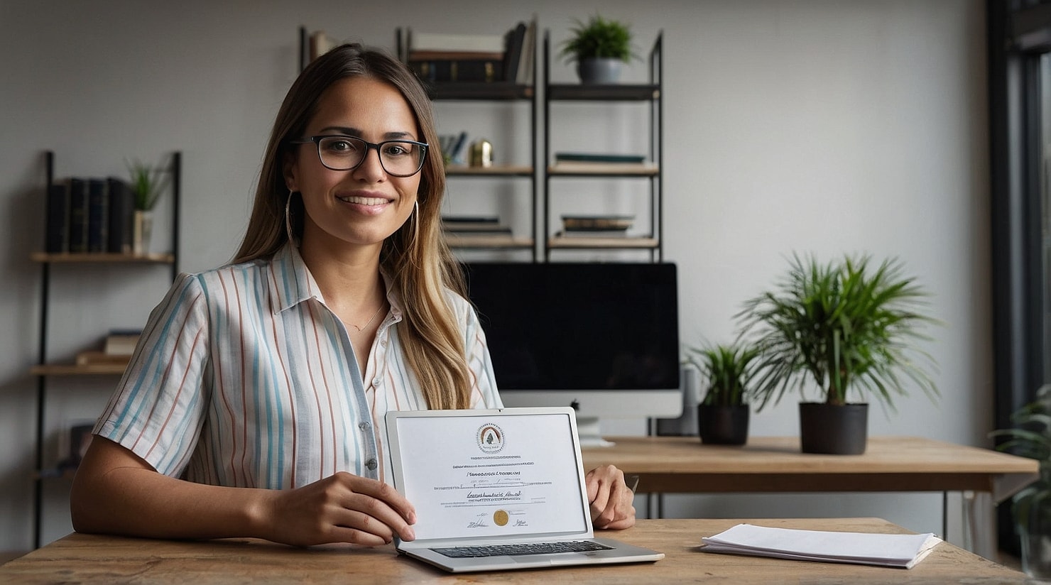 A woman is showing a certificate on her laptop
