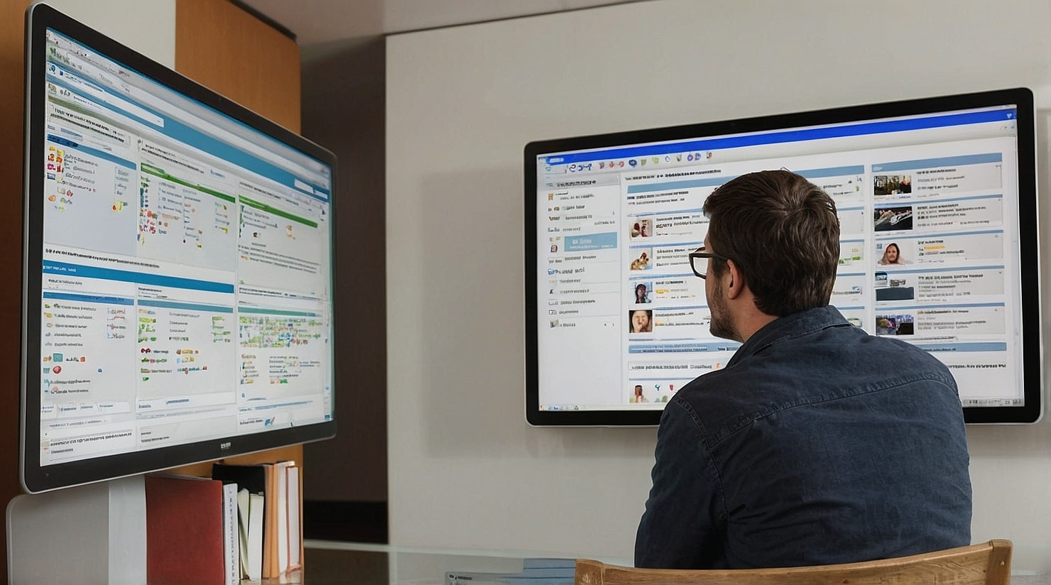 A man is looking at two screens to choose a platform