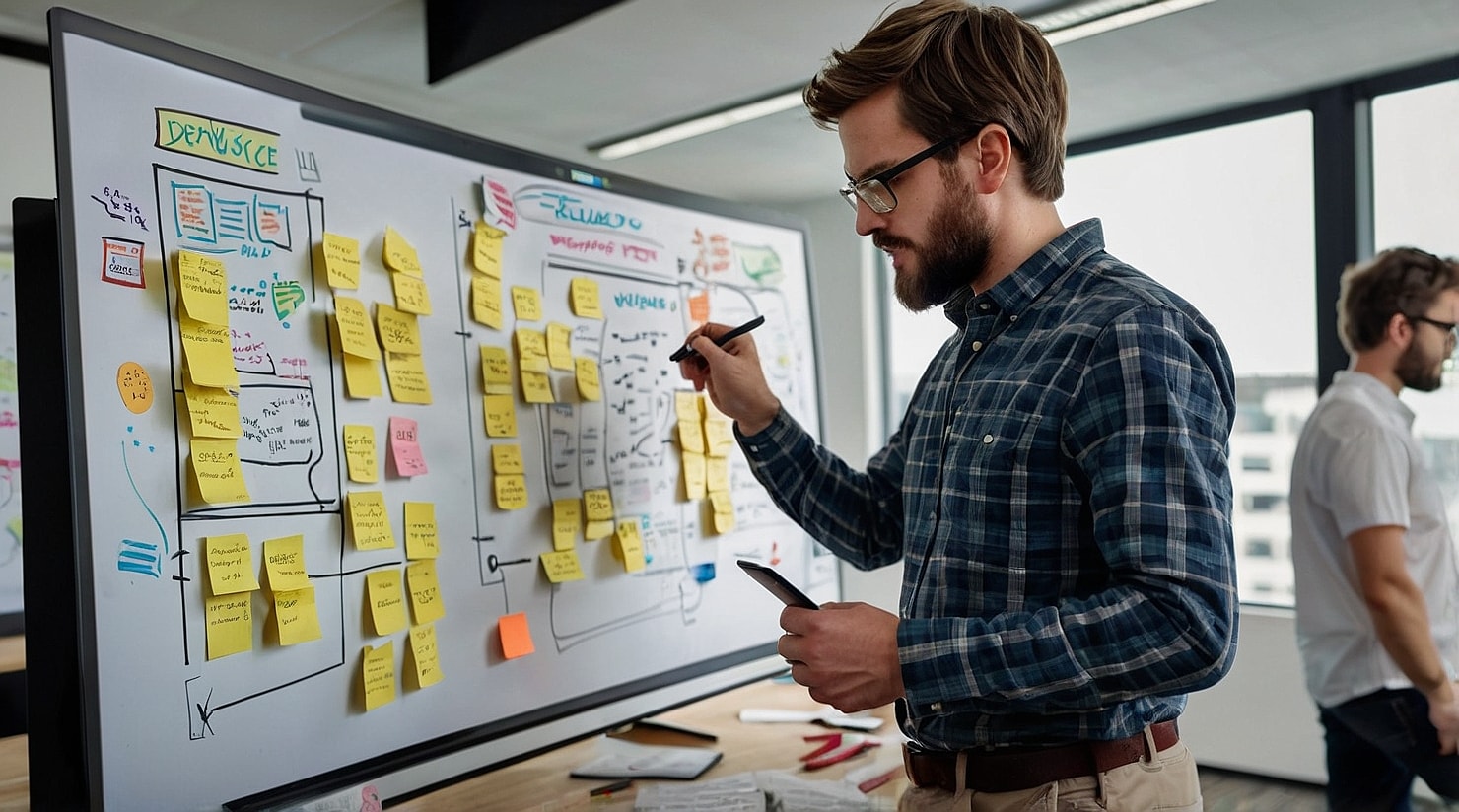 A developer is writing on a whiteboard