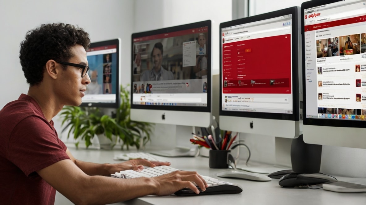 A focused Yelp spam moderator working on multiple computers.