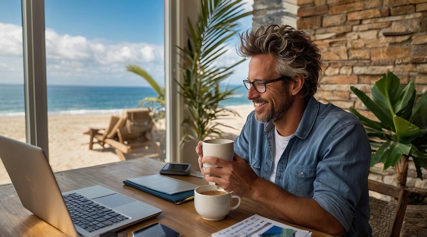 A freelancer working from a house on the beach